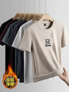 Fandu Mens round Neck Double-Faced Fleece Thermal T-Shirt Thick Short-Sleeve Warm Base Shirt Youth Fashion Polyester Spandex