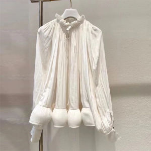 เสื้อเชิ้ตสีขาวสไตล์ฝรั่งเศส ดีไซน์เก๋ไก๋ แขนยาว ปกกลม ทรงหลวม ผ้าโพลีเอสเตอร์ ฤดูใบไม้ร่วง 2023