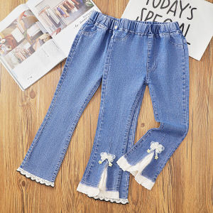 กางเกงยีนส์ทรงขาบานสำหรับเด็กผู้หญิง ฤดูใบไม้ผลิและฤดูใบไม้ร่วง 2025 กางเกงยีนส์แฟชั่นสำหรับเด็ก เอวสูง กระดุมเดียว สำหรับเด็กอายุ 3-12 ปี