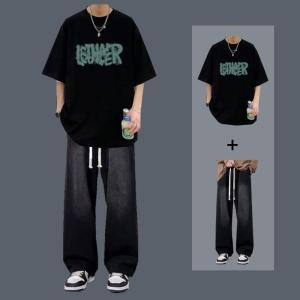 Short Sleeve T-Shirt Summer Trendy Suit Boys a Set of Matching Ins High Street Denim Handsome Two-Piece Suit Mens Clothing