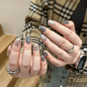 Handmade Starry Grey Cat Eye Nail Tips Bright Shiny Sequins Simple White Enhancing High-End Finished Nail Art Patches BA268