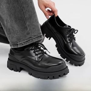 รองเท้าเดอร์บีพื้นหนาสำหรับผู้ชาย สีดำ ทรงหัวมน ทรงลำลอง สวมใส่สบาย ดีไซน์สไตล์อังกฤษ สำหรับใส่ไปทำงาน
