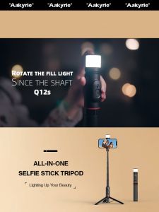 Aakyrie Q12s Integrated Selfie Stick Tripod with Light & Bluetooth Shutter Remote Portable Monopod Phone Holder For iPhone/Android Cellphones