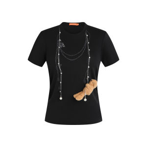 New Summer Chain Decorated 3D Bear Womens Fitted Short Sleeve T-shirt