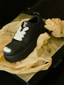 LeStream Spray Painted Thick Heel Derby Shoes Black Samurai Casual Shoes Youth Trend Leather Mixed Material round Toe Rubber Sole