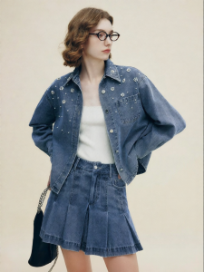 FAMANXUAN | Embroidered Flower Beads French Style Blue Denim Shirt Long Sleeve