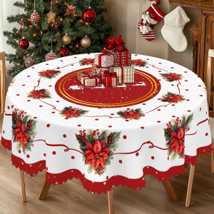 1 Piece of Christmas-Themed Red Printed Tablecloth Vintage Country Farmhouse Style Reindeer Christmas Flower Pattern Design Suitable for Christmas New Years Parties Party Decorations Kitchen Accessories Room and Outdoor Decorations Gift for F...