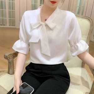 【COD】Korean Style Plus Size Shirt Short Sleeve Bow-knot Princess Sleeve Chiffon Blouse Lace Up Shirt