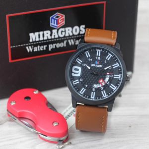Jam tangan Pria Miragros 60062 tali kulit free gantungan kunci tanggal aktif analog original