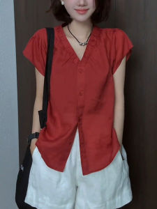 Unique Red V-Neck Shoulder Shirt Casual Style Polyester Blend Short Sleeve Button-Up Top for Young Women in Their Late Twenties