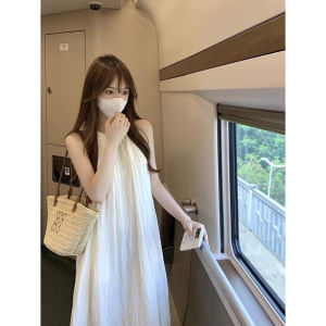 Sweet Neck Hanging Dress Fairy Style Summer 2024 New White Sleeveless round Neck A-Line Long Dress Womens Fashion Commute Polyester
