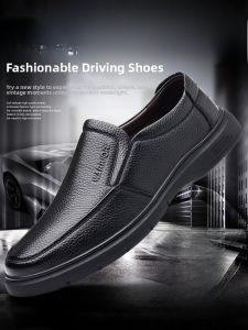 SHIPAILUO | Spring 2025 Mens Casual Slip-On Leather Shoes Comfortable Breathable Business Dad Shoes Fashionable Flat Heel Round Toe Rubber Sole