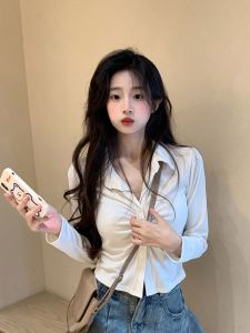 Short Sleeve T-Shirt for Women Design Slim Fit with Button Details Autumn Season New Arrival Ruched Slim Fit Casual Shirt