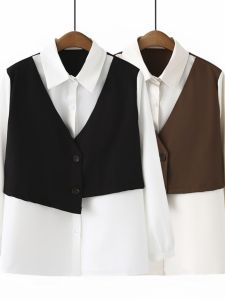 Plus Size Fashion Vest Patchwork Fake Two Pieces Shirts Spring & Fall New Arrival Loose Slimming Sense of Design Color Matching Long Sleeves Tops