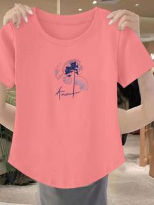 Womens Pure Cotton Short Sleeve T-Shirt Summer New Fashion Loose Design Sense Arc Bottom Hem Top Korean Style round Neck