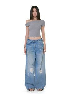 Low Waist Wide Leg Jeans Womens Casual Style Distressed Denim Pants Autumn New Loose Fit Versatile Hole Straight Tube Pants