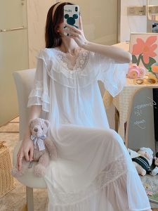 Summer Modal French Royal Style Nightdress for Women Lace Short Sleeve Pajamas White Spring Summer Autumn Princess Home Wear