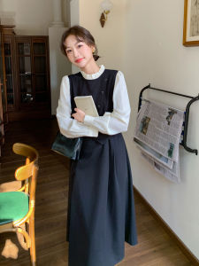 Elegant Black French Style Bubble Sleeve Vintage Long Dress Slimming Waist Design Womens Spring Season A-Line Dress