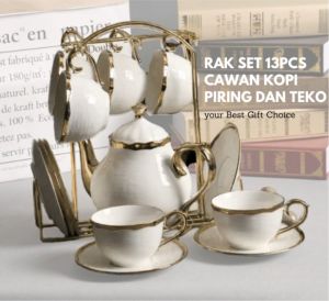 European Vintage Tear Set 13pcs Cup Saucer Gold Rim with Rack Coffee Tea Pot Fine Porcelain Wedding Door Gift