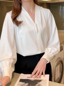 Women Office Blouse Korean Chic Short Sleeve V-neck Temperament Casual Top
