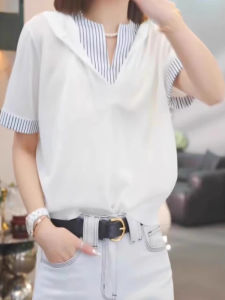 BINKAFENNY | Color Block Knitted Short Sleeve T-Shirt Women Summer Loose Fit Slimming Top V-Neck Casual Wear Comfortable Breathable Fabric