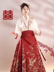 Phoenix Chirping In Bamboo Mamianqun Hanfu Red Maxi Skirt 2-PC Set 10006-28
