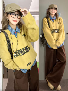 Cafe Brown Wide Leg Suit Pants Womens Autumn Winter High Waist Loose Casual Straight Cut Fleece Drapey Floor Length Trousers