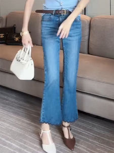 Retro Lace Micro Flared Denim Jeans Womens High Waist Nine Points Slim Fit Elastic Summer Blue Jeans for Pear Shaped Body
