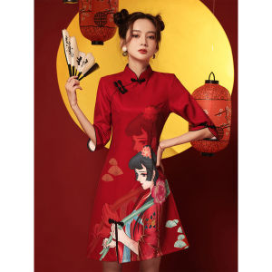 QM Red High Quality Printed Cheongsam Women 2023 Chinese New Year Short Dress-AA15