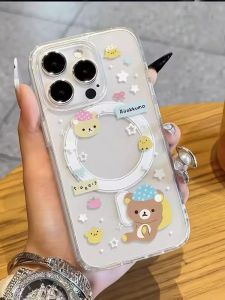 Cute Bear Magnetic Absorption Phone Case for Apple iPhone Acrylic Cartoon Style Shockproof Hard Shell Transparent Design