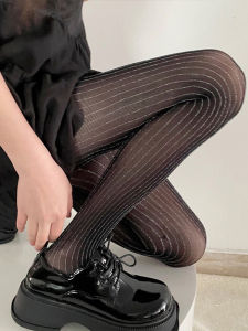 Spring and Summer New Luxury Black Silk Stockings Silver Vertical Pattern Pantyhose Bright Silk Durable Anti-Snagging
