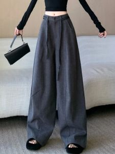 Elegant Grey Woolen Suit Wide Leg Pants Womens Autumn Winter High Waist Loose Straight Casual Knife Pants Ladies Trousers