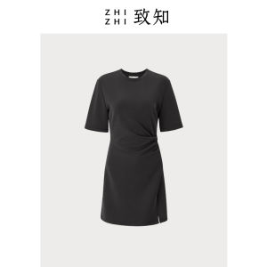 Slim Fit Short T-Shirt Dress Womens round Neck Waist Cinching Pleated Summer Dress ZHIZHI Moon Follows You Soy Protein Composite Fiber