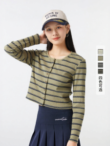 Hotwind | Striped Round Neck Long Sleeve Sweater Knit Cardigan