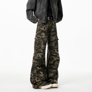 American High Street Camouflage Work Pants Mens Trendy Hip Hop Loose Flared Casual Floor-Length Trousers Straight Leg