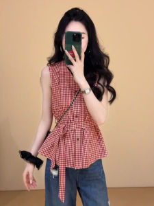 ZHILU | Áo Nữ Không Tay Ôm Sát Thoáng Khí Có Nơ Carô