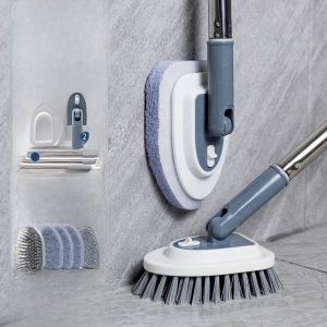 Bathroom Cleaning Long Handle Brush Wall Scrubber Stainless Steel Toilet Tub Scrubber Utility Scouring Pad Hard-To-Reach