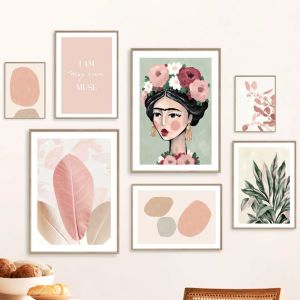 Plant Leaf Flower Girl Geometry Color Block Pink Green Abstract Poster Prints Wall Art Painting On Canvas Living Room Home Decor