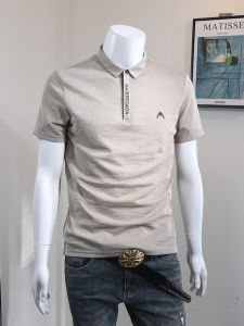 Mens Short Sleeve Polo Shirt Collared Summer Cotton Linen Blend Embroidered Pattern Korean Style Versatile Slim Fit T-Shirt