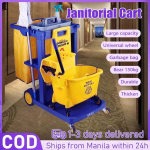 Janitorial Cleaning Cart with Wheels: Thicken Utility Janitor Cart Multifunction Hotel Cleaning Trolley Cart Housekeeping Cart with Garbage Bag