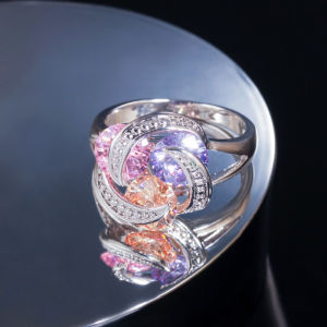 SEQUITO Delicate Silver Color Inlaid Pink Purple Orange Cubic Zircon Stones Rotate Shape Ring Simple Style Daily Party Wear Cute Finger Jewelry for Fashion Women SR130