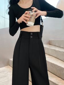 High Waist Draped Wide Leg Pants Womens Suiting Trousers Korean Style Cotton Blend Fabric Thin Summer Long Pants