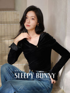 Asymmetric Twisted Velvet Long Sleeve Slimming French Style Top