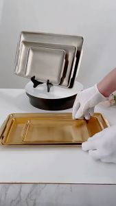 Combo 2 Khay inox 304  hình chữ nhật đựng thức ăn màu vàng bạc chất lượng tốt - Đĩa Hình Chữ Nhật Với Khay Hình Chữ Nhật - Khay nướng bánh nhiều size -đĩa đựng thịt - khay dung thuc an thuc phẩm