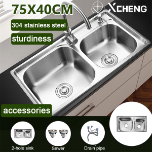 【Stok sedia】75x40cm Keluli Tahan Karat Tebal 304 Sinki Dapur Lembangan Berkembar 双盆水槽