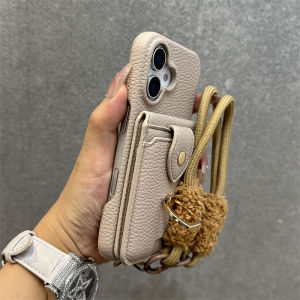 Light Khaki Lychee Pattern Phone Case with Card Slot Anti-Fall Wallet for 13 12 11 pro Max Silicone Protective Cover