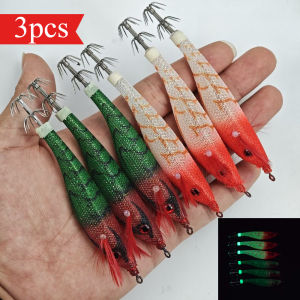 3pcs/set Horizontal Squid Jigs 10.5cm Full Body Luminous Wood Shrimp EGI Lures UV Glow Saltwater Cuttlefish Octopus Baits