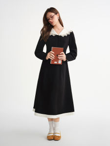 DUSHU | Large Size Women Dress Floral Edging Contrast Collar Design