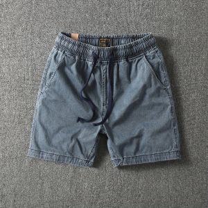 Mùa Hè Ôm Vừa Vặn Thoải Mái Vintage Washed Pure Cotton Vải Bông Quần Short Quần Đùi Nam Cạp Chun Tiếp Xúc Đầu Gối Màu Xanh Nhạt Màu Xám Chiều Dài Ba Phần Tư