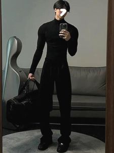 American-Style Half Turtleneck Cored Yarn Knitwear Muscle Men Tight Stretch Long Sleeve Sweatshirt Mid Collar Wool Base Shirt Tide